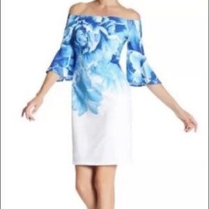 Donna Ricco NWT Blue White Floral off-shoulder bardot flare sleeve dress 8
